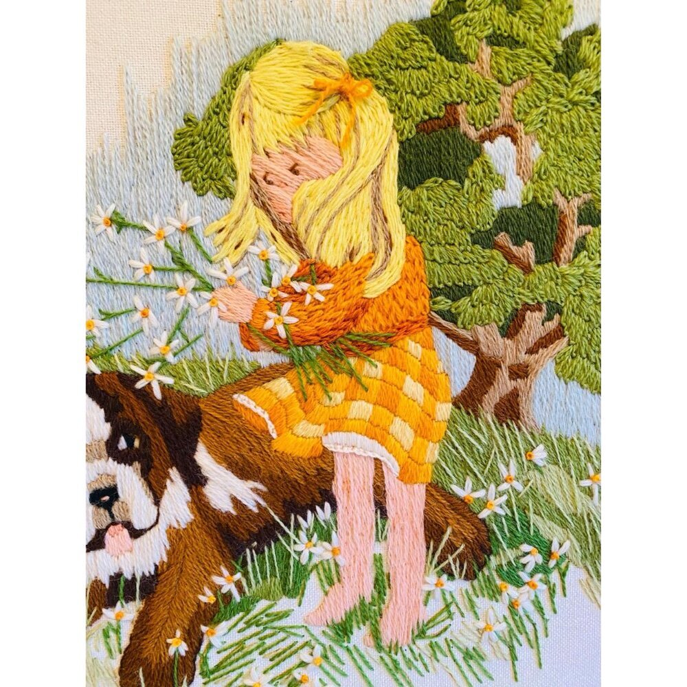 Vintage Needlepoint Wall Hanging, Sunset Design, Girl with Dog Embroidery - Picture 4 of 10